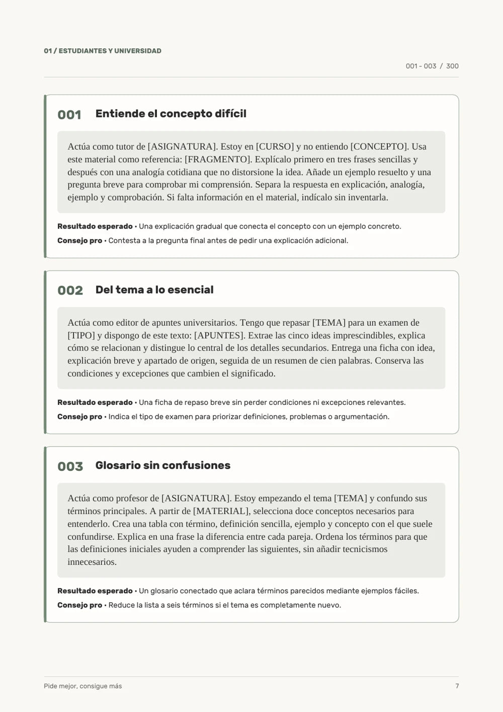 Página 7: tres prompts de estudiantes y universidad.